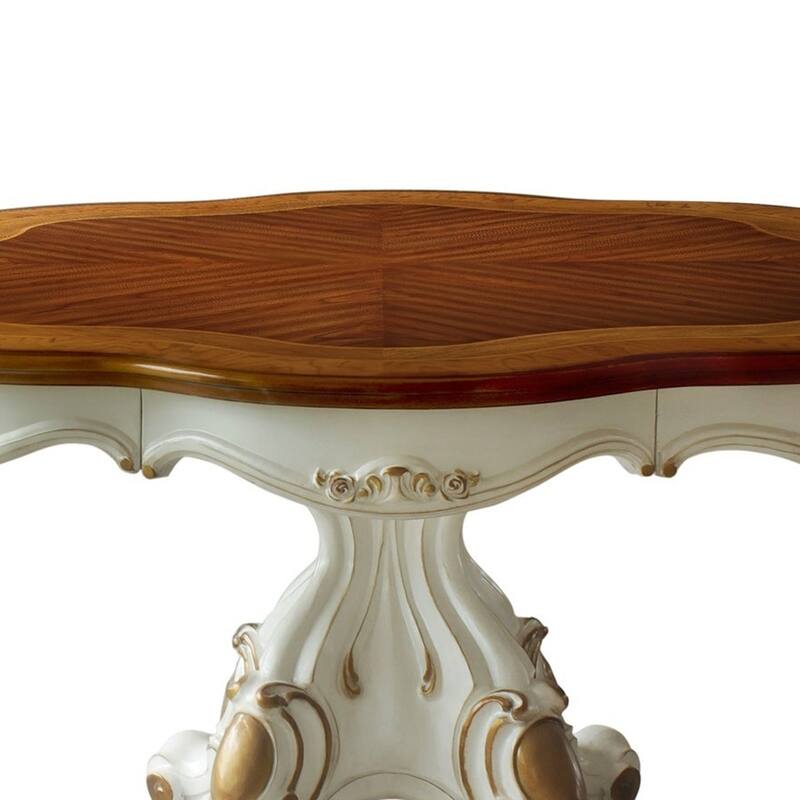 Wooden Top Dining Table With Pedestal Feet, Antique Pearl & Cherry Oak