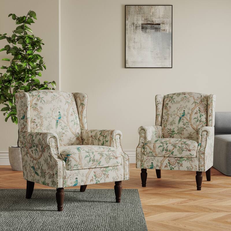 Set of 2 Patterned Upholstered Accent Chair for Living Room - Bird