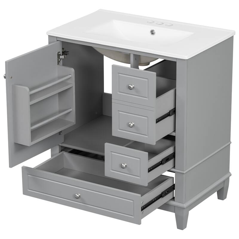 30" Bathroom Vanity w/Ceramic Sink and One-Door Shelf, Water-Resistant Wood One Cabinet Vanities w/ 3 Drawers & Soft Close Door