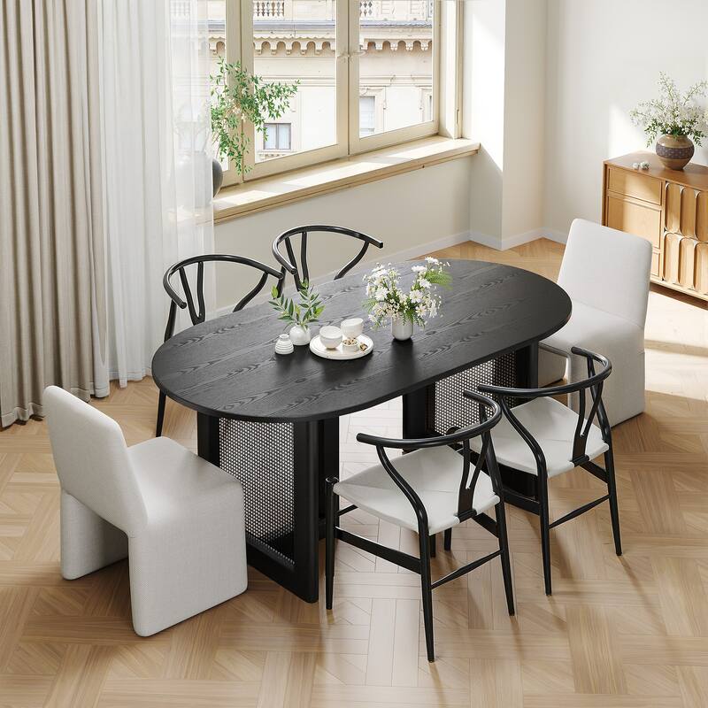67" Dovelina Oval Dining Table with Rattan Double Pedestal for 6 People