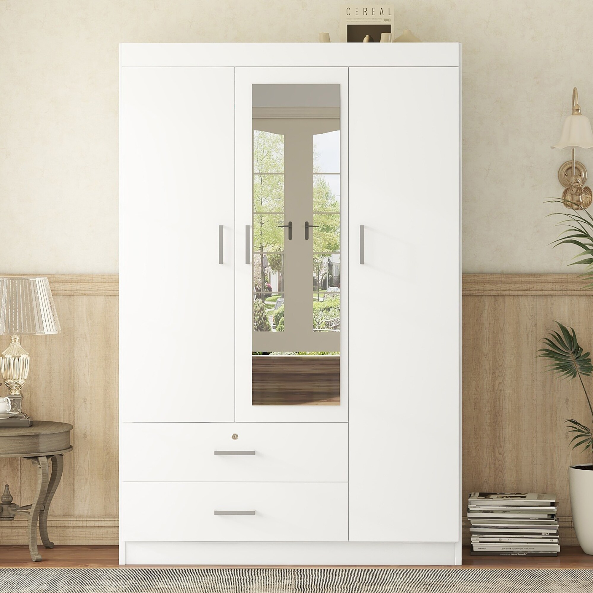 armoire dressing FUFU&GAGA White Wood 47 in. W Armoire, Wardrobe with 4-Drawers, 6-Shelves, 1-Mirrored Door, 1-Hanging Bar and 5-Normal Doors making it a versatile addition to any bedroom decor Armoire 278 cm YANIS avec