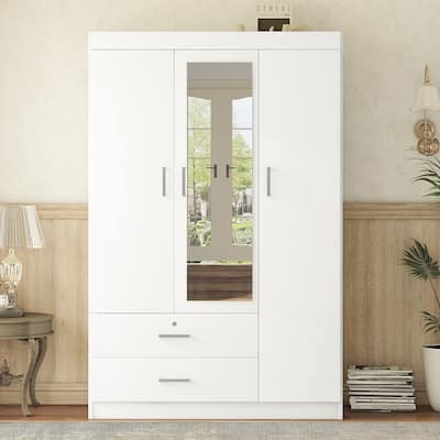 White Wardrobe, Mirrored Door Armoire with 3-Door Cabinet & Drawers