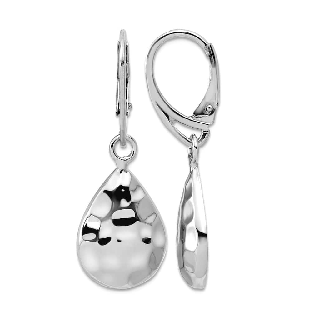 Curata 925 Sterling Silver Italian Large Hammered Teardrop Leverback Earrings - 40x14mm