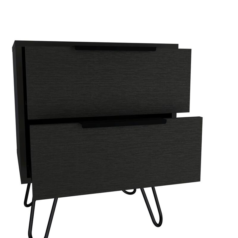 Modern Black Wengue Nightstand, 2 Drawers with Hairpin Legs, Compact and Stylish Design, 13.7"x17.71"x22.44"