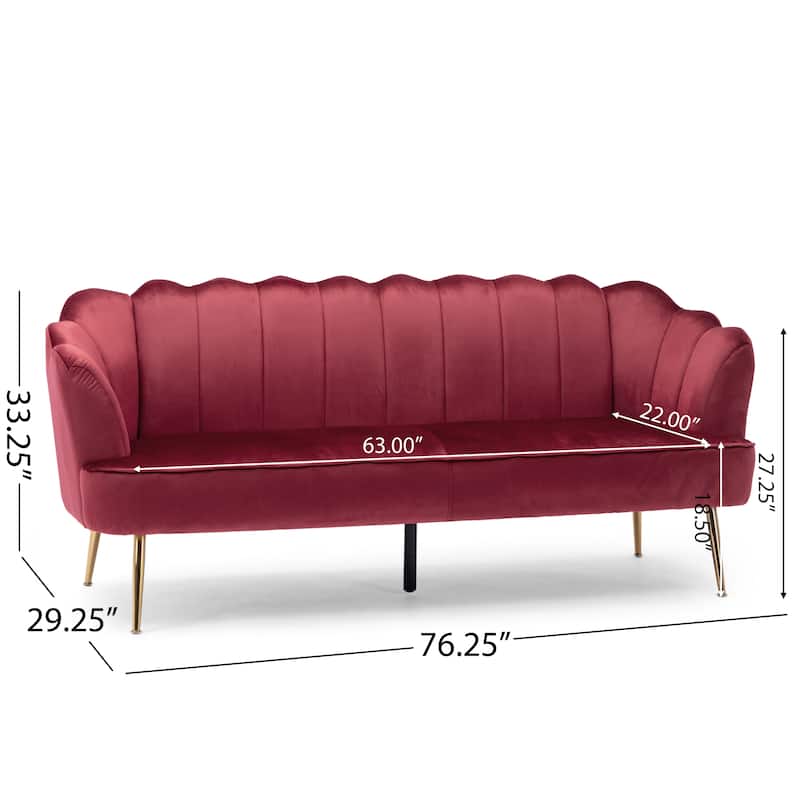 Natural 76.25" Velvet Channel Stitching 3-seater Sofa with Metal Legs for Living Room