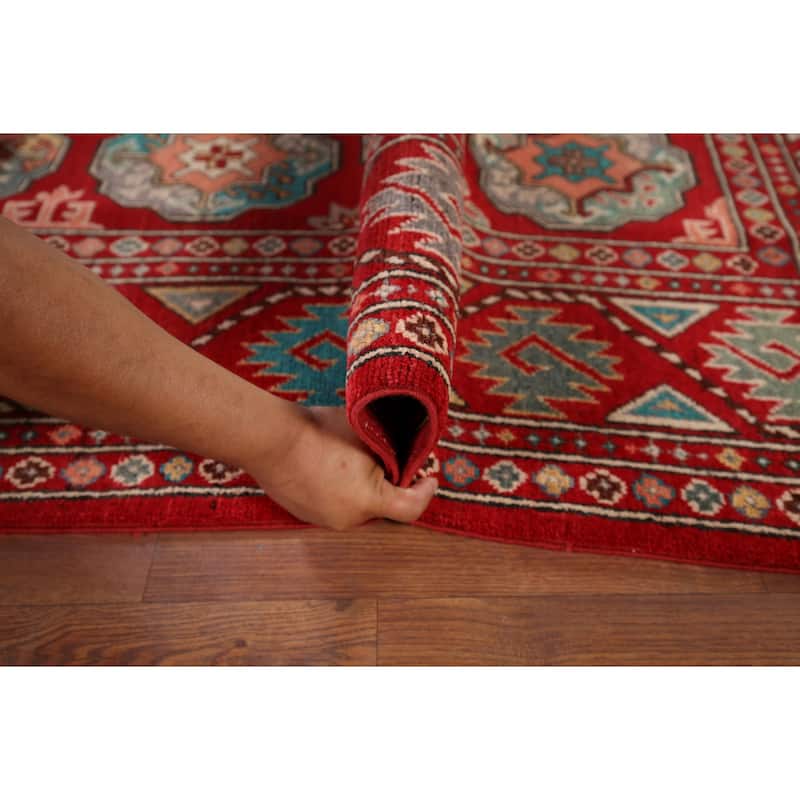 All-Over Red Geometric Kazak Area Rug Handmade Wool Carpet - 6'5" x 9'9"