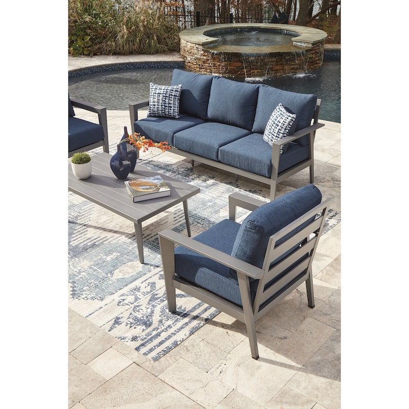 Signature Design by Ashley Gali Gray/Blue Outdoor Sofa/Chairs/Table Set (Set of 4) - 78.25" W x 33.25" D x 36.25" H