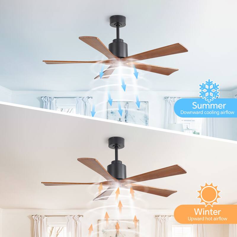 52-inch Matte Black Ceiling Fan without Light, Walnut Wood Blades, Remote Control, Reversible DC Motor