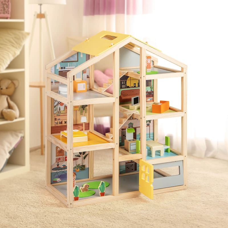 Costway Kids Wooden Dollhouse with 7 Rooms 18 Pcs Furniture - Natural - See Details
