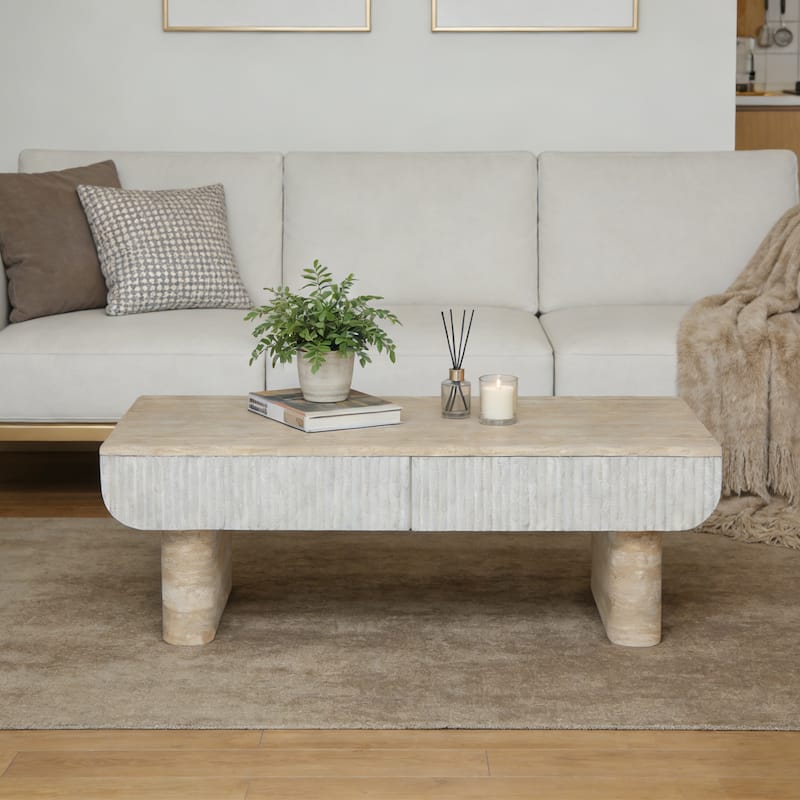 GDFStudio - Mid-Century Modern Coffee Table with Fluted Storage Drawer