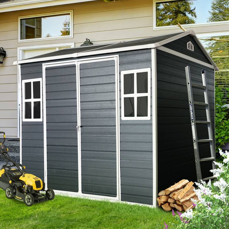 Resin Outdoor Storage Shed UV-Proof Garden Tool Shed with Sloping Roof & Lockable Double Doors, Built-in Floor
