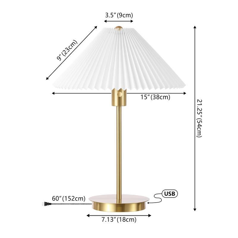 Isla 21.25" Modern Glam Metal Column LED Table Lamp with USB Charging Port and Pleated Shade, Brass Gold/White, by JONATHAN Y