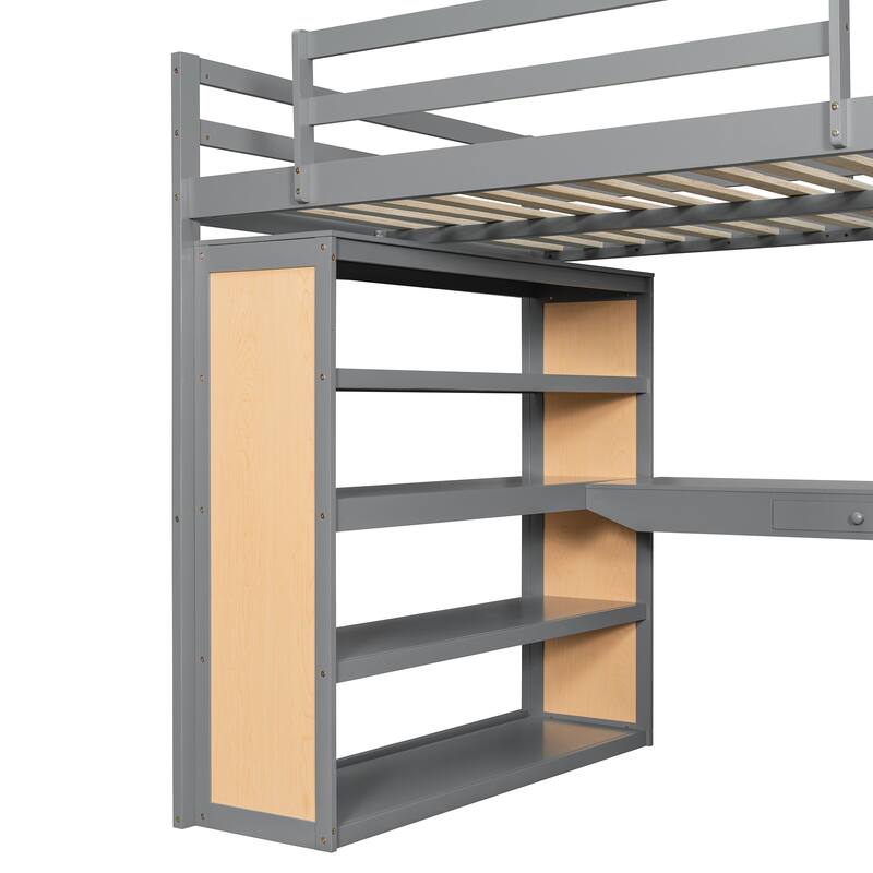 Roomfitters Full Size Loft Bed with Ladder, Shelves, and Desk, Solid Wood Frame, Space-Saving Study Bedroom Furniture, Gray