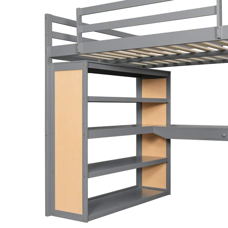 Wooden Bedframe Full Size Loft Bed with Built-in Desk, Storage Open Shelves, Drawer and Reversible Ladder for Kids, Teens