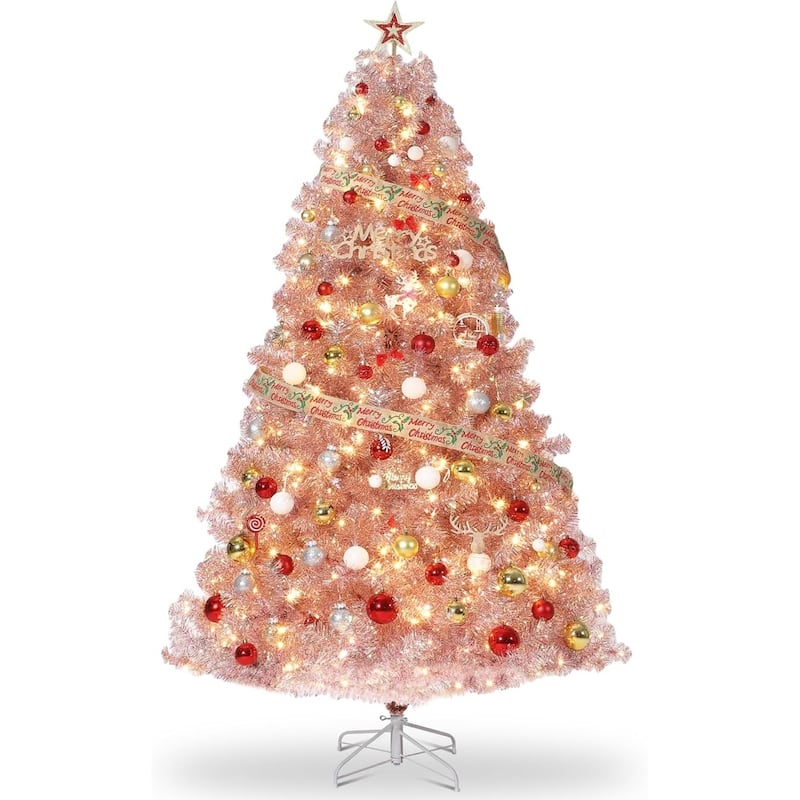 Prelit 4.5Ft Rose Gold Tinsel Fake Christmas Tree with 150 Warm White LED Lights, Metal Stand - 7.5 Foot - Pink