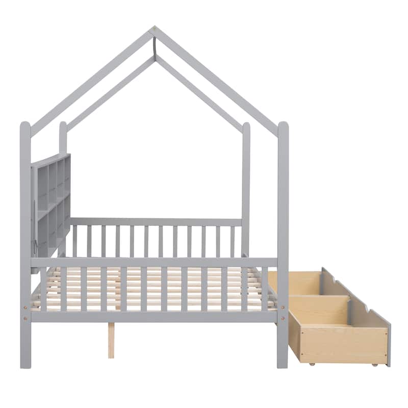 Wooden House Bed with 2 Drawers, 8 Storage Shelf, Kids Bed