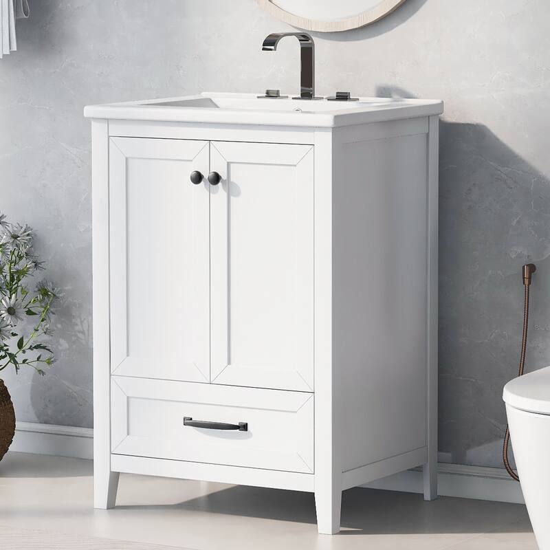 24 in. W x 18.3 in. D x 35 in. H Single Sink Freestanding Bath Vanity in White with White Ceramic Sink - Painted - 24'' x 18.3'' x 35'' - White