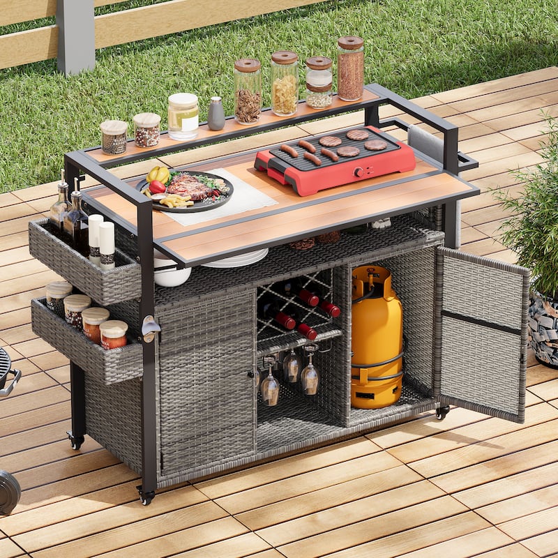 52.8"W Wicker Outdoor Grill Cart with Extended Plastic Wood Table Top, Rolling Kitchen Island on Wheels with Storage Cabinet