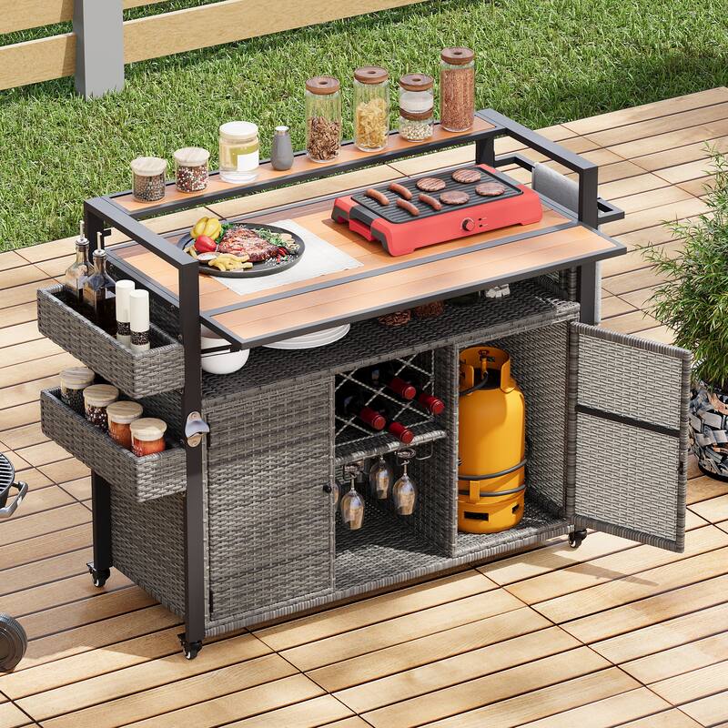 52.8"W Wicker Outdoor Grill cart with Extended Plastic Wood Table Top, Rolling Kitchen Island on Wheels with Storage Cabinet - Grey
