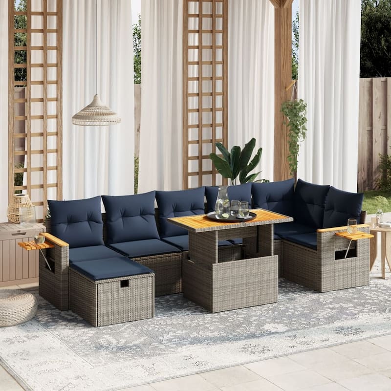 vidaXL Patio Sofa Set with Cushions Outdoor Furniture 8 Piece Poly Rattan - Grey - 21.7 x 24.4 x 27.2