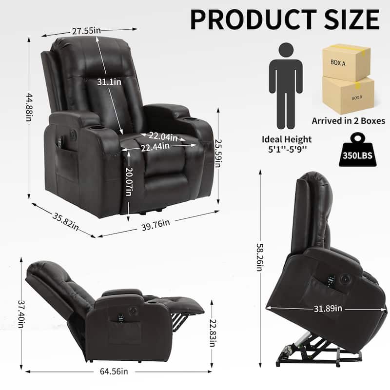 Black Elderly-Friendly Power Lift Recliner with Vibration Massage, Lumbar Heating, USB Port, and Cup Holders