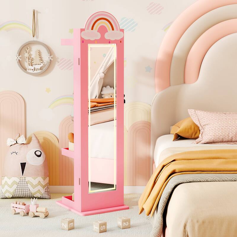 Gymax 3 In 1 Kids Jewelry Cabinet w/3-Color Lighted Full Length Mirror
