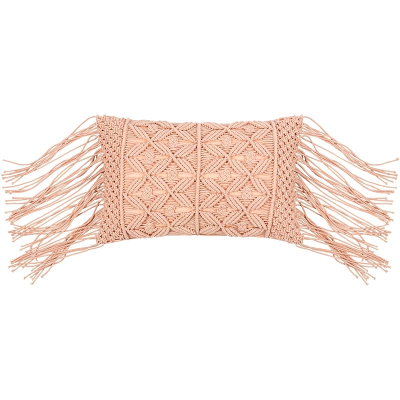 Umaiza Intricate Handwoven Throw Pillow with Long Tassels - 14"H x 22"W - Down - Pink