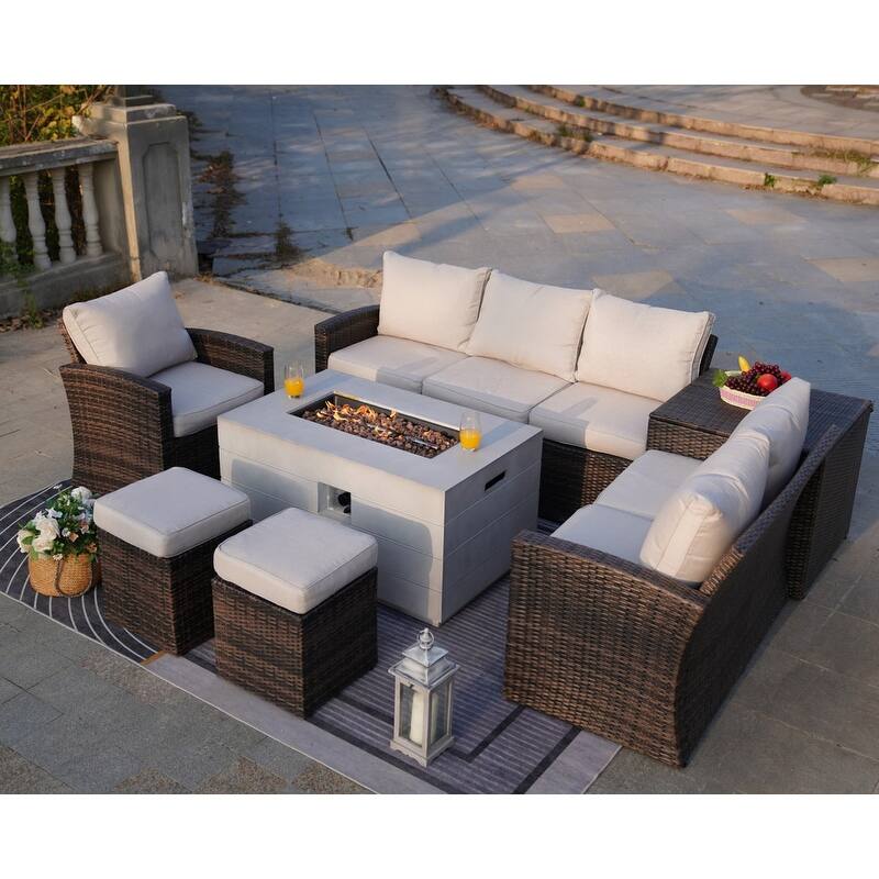 7-piece Patio Wicker Coversation Cushioned Set with Holve Fire Pit