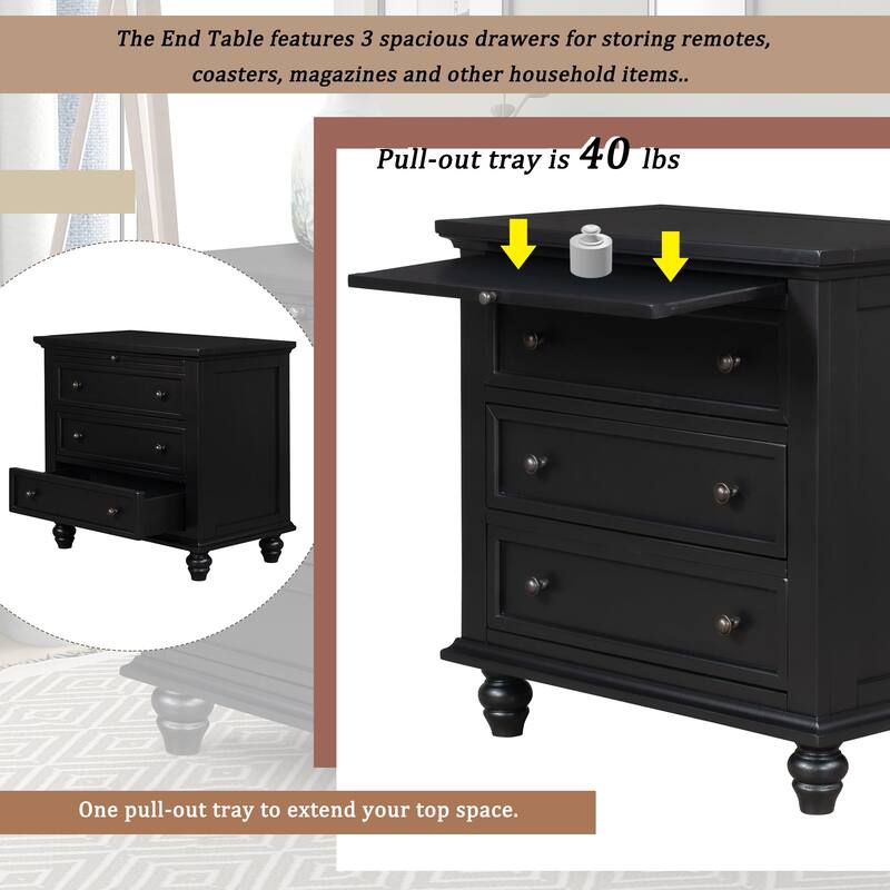 3-Drawer Storage Wood Cabinet, End Table with Pull out Tray