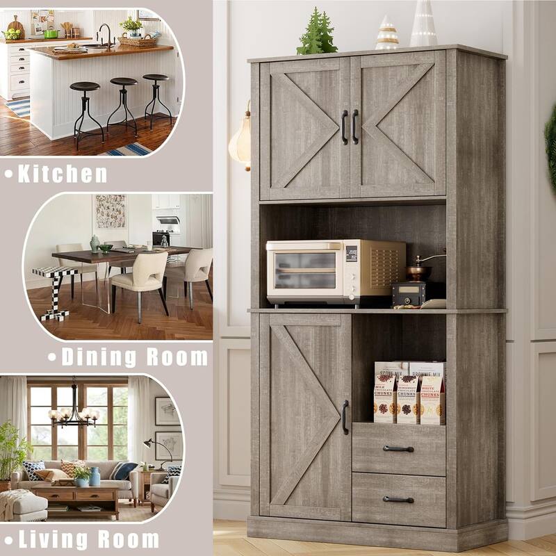 Pantry Cabinet with 2 Drawers and Open Shelves, Tall Freestanding Kitchen Pantry Cabinet with Microwave Shelf