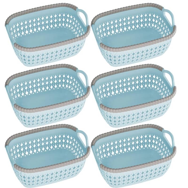 Rattan Plastic Weave Basket, Storage Bins Organizer for Closet, Shelf, Kitchen, Pantry and Bathroom - Ideal for Makeup,Cosmetics - Blue - Set of 6