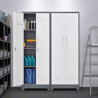 Cleaning Tool Storage Cabinet With Locking Doors And Shelves, Hanging Rod & S-Hooks