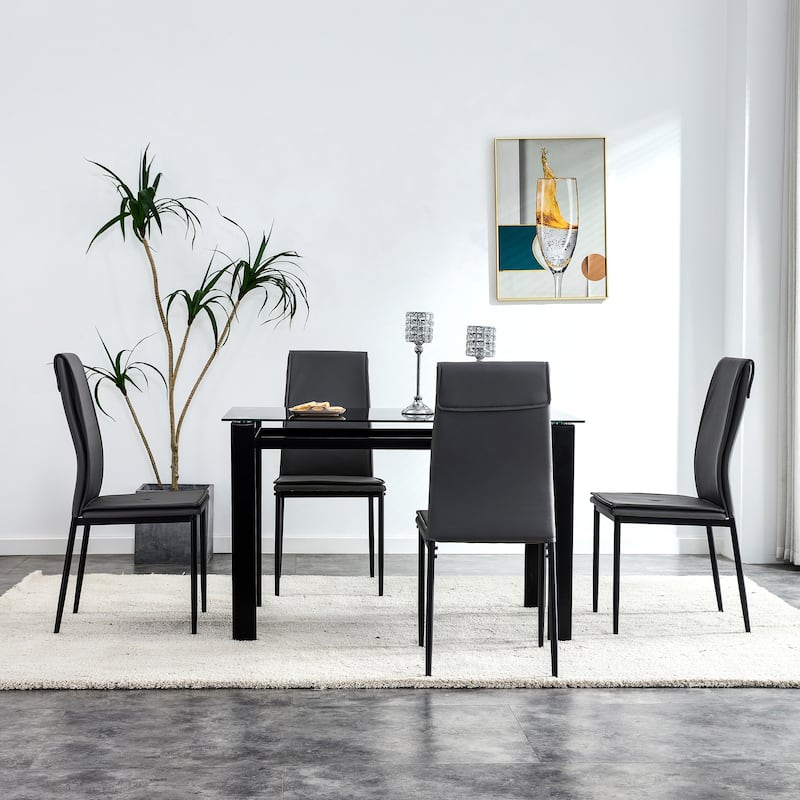 Black Tempered Glass 5Piece Dining Table Set with Faux Leather Chairs