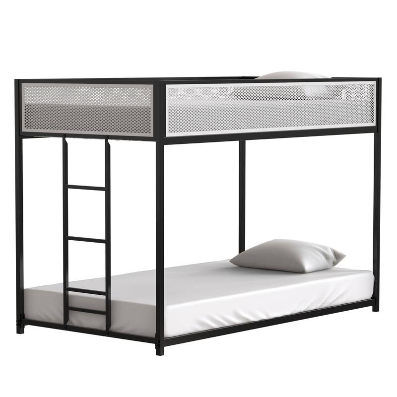 Twin over Twin Metal Bunk Bed with White Mesh Guardrails and Interchangeable Ladder
