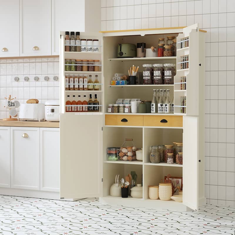 Kitchen Pantry with 2 Drawers, 2 Adjustable Shelves and 8 Door Shelves - Cream