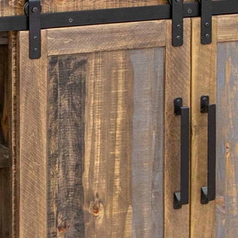 Linn 76 inch Bar Cabinet, 2 Drawers, Barn Doors, Brown, Gray Pine Wood