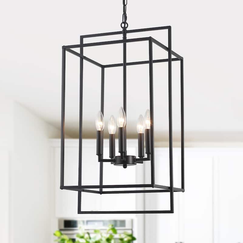 5-Light Candlestick Cage Hanging Linear Chandelier Lighting Island Chandelier for Kitchen Island - Black