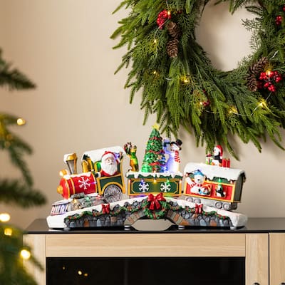 Glitzhome 20"L Lighted Christmas Santa Train Resin Village with Movement and Music