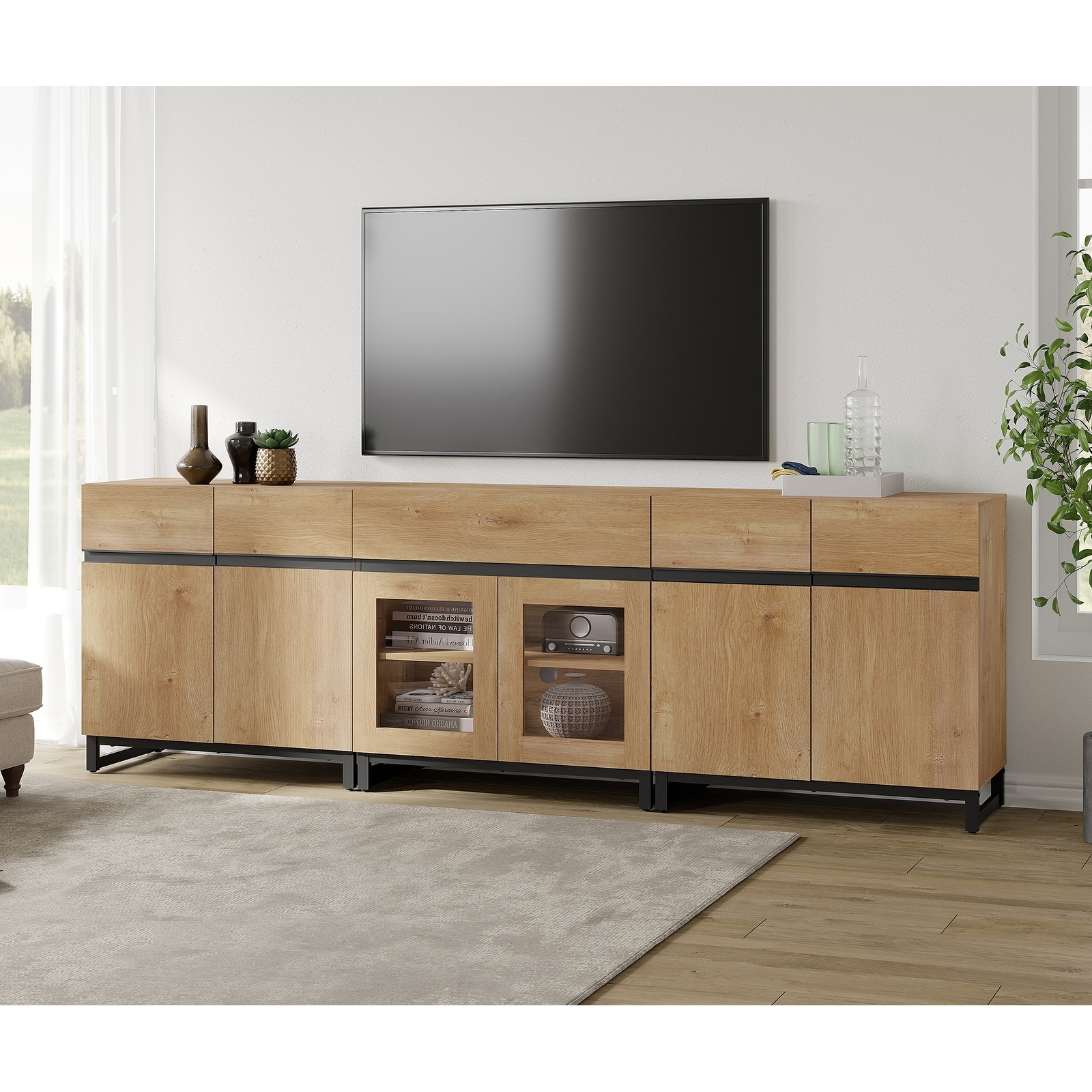 3 In 1 TV Stand for Tvs Up to 100 Inch, TV Console with Glass Doors and Drawer, Entertainment Center for Living Room, Bedroom