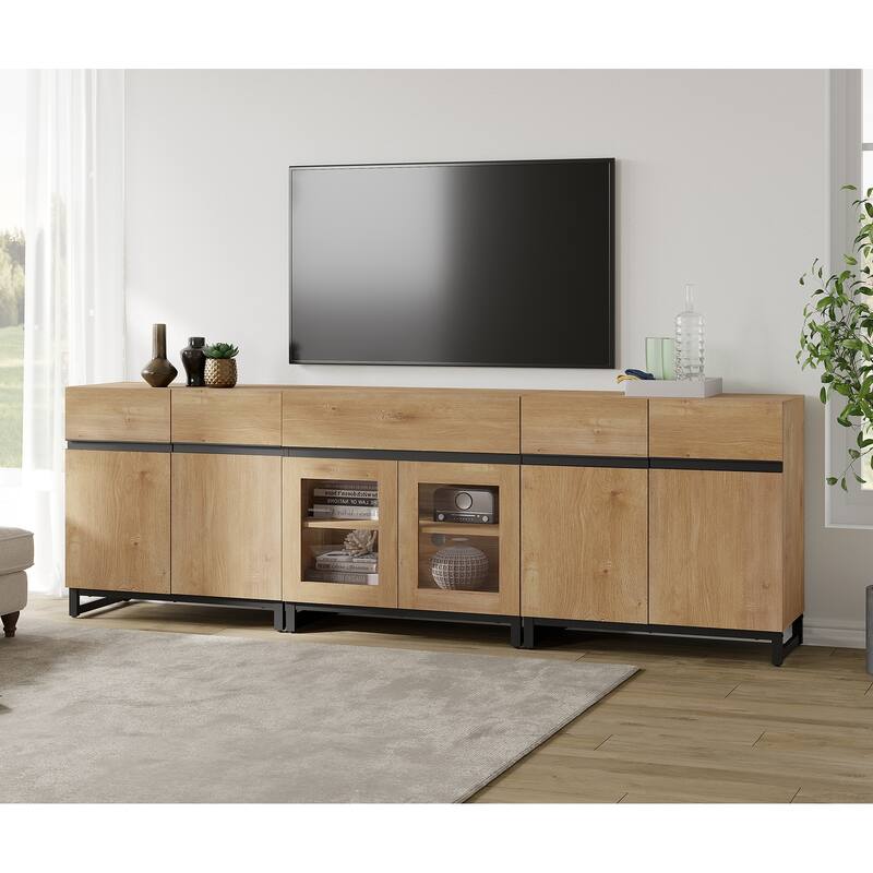 3 In 1 TV Stand for Tvs Up to 100 Inch, TV Console with Glass Doors and Drawer, Entertainment Center for Living Room, Bedroom - 94.5 inches - Oak