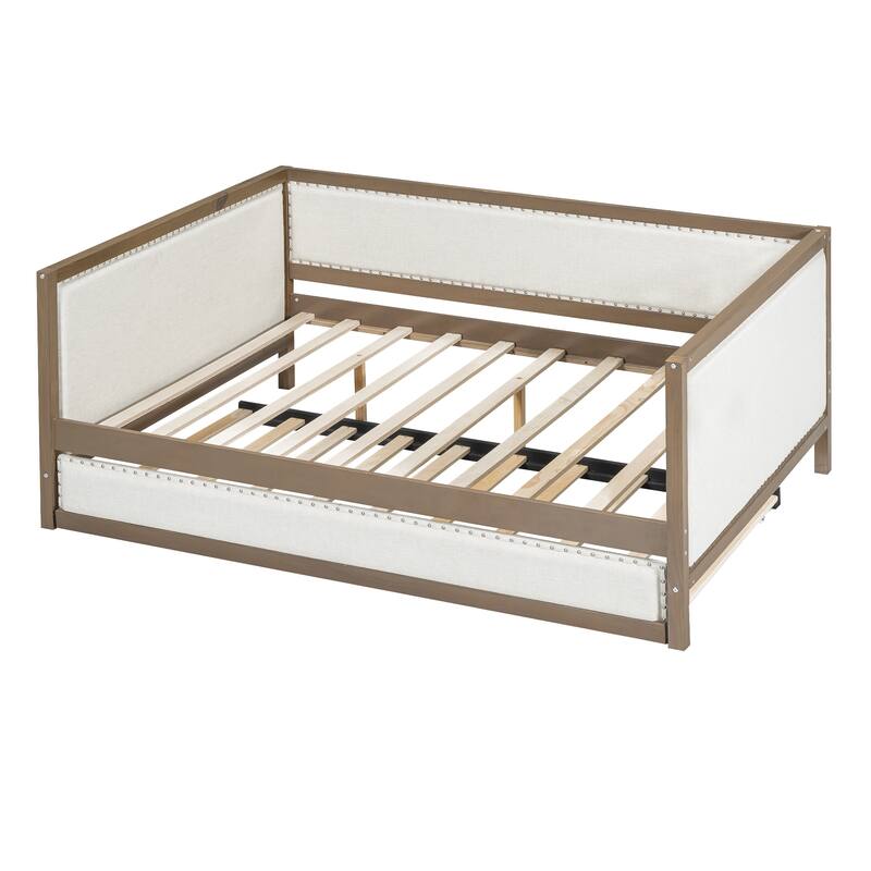 Bedroom Nailhead Decoration Upholstered Bed Frame, Full Size Daybed with Wood Slat Support Pull-out Trundle Bed, White