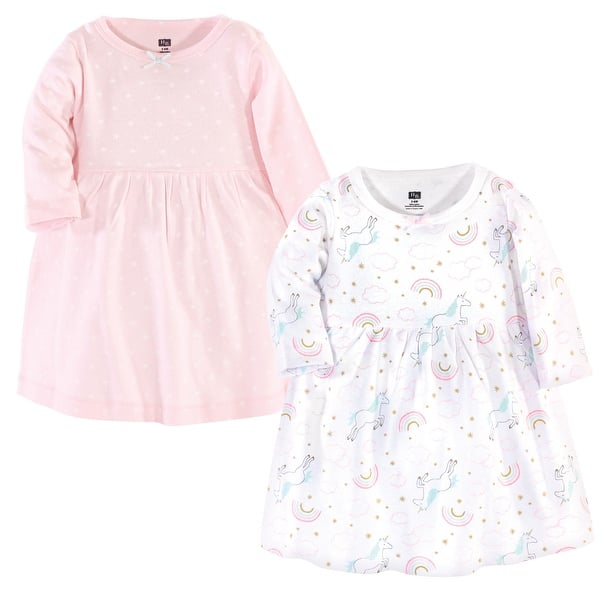 slide 1 of 1, Hudson Baby Infant and Baby Girl Cotton Long-Sleeve Dresses 2pk, Glitter Unicorn 0-3 Months - Glitter Unicorn