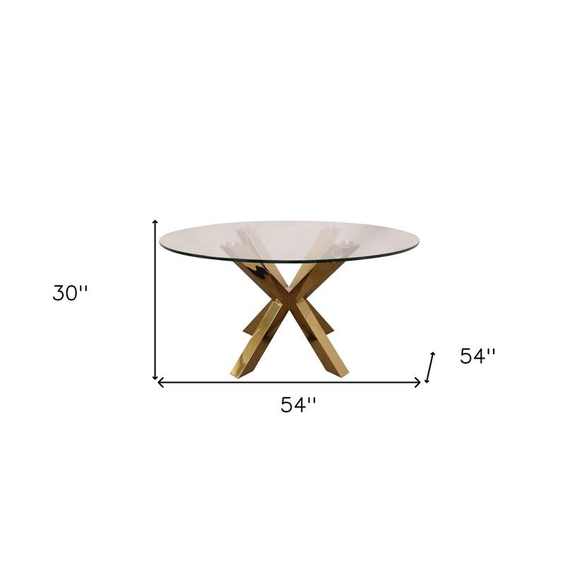 HomeRoots 54" Clear and Gold Glass and Metal Cross Leg Base Round Top Dining Table - 54.00 in. x 30.00 in. x 54.00 in.