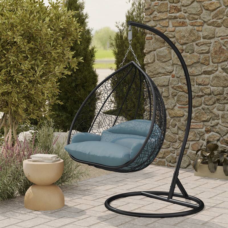2-Person Outdoor Hanging Egg Chair with Teardrop Frame, Weather-Resistant Cotton Cushioned Seat for Patio and Indoor Use