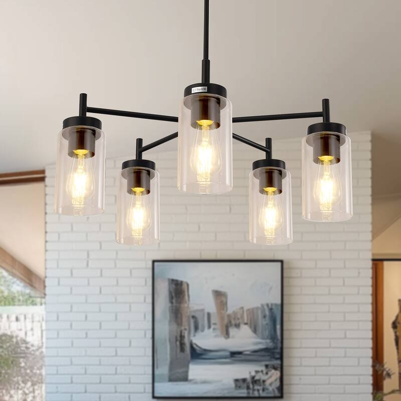 YANSUN 5-Light Matte Black Candle Chandelier with Blue Glass Shades and E26 Base for Sophisticated Spaces - 25*25*9.6