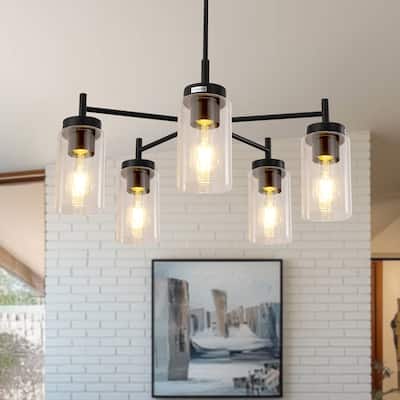YANSUN 5-Light Matte Black Candle Chandelier with Blue Glass Shades and E26 Base for Sophisticated Spaces - 25*25*9.6