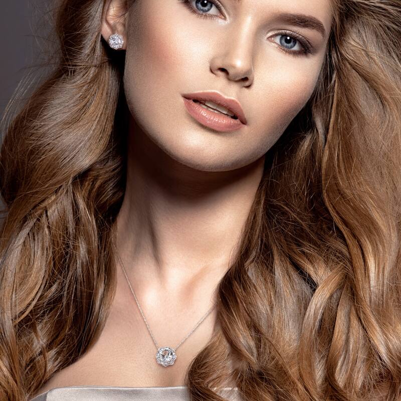 Miadora Created White Sapphire Halo Stud Earrings and Necklace Set in 10k White Gold