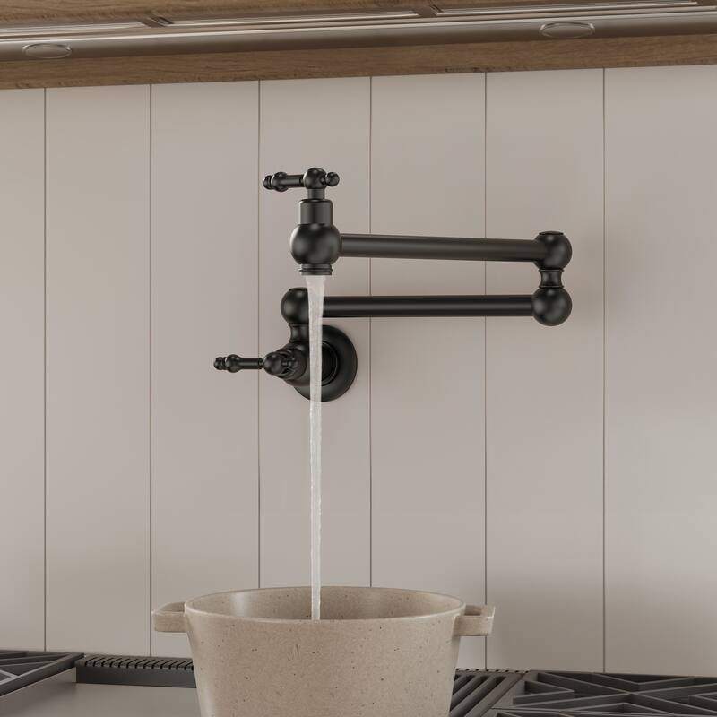 Wall Mount Swing Arm Kitchen Faucet, Traditional Folding Pot Filler Faucet Over Stove - Matte Black