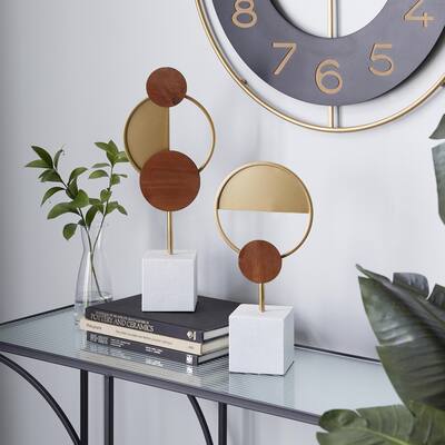 Gold Metal Geometric Decorative Sculpture with Wood Accents (Set of 2)