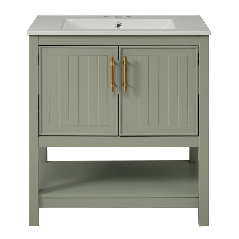 Vertical Stripe Storage Cabinet Versatile Bathroom Vanity with Ceramic Sink, Open Shelf, Door Storage Boxes and Golden Handles